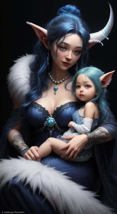 Pearl Night Blue Goblin Mama and Baby in Hyperrealistic Art