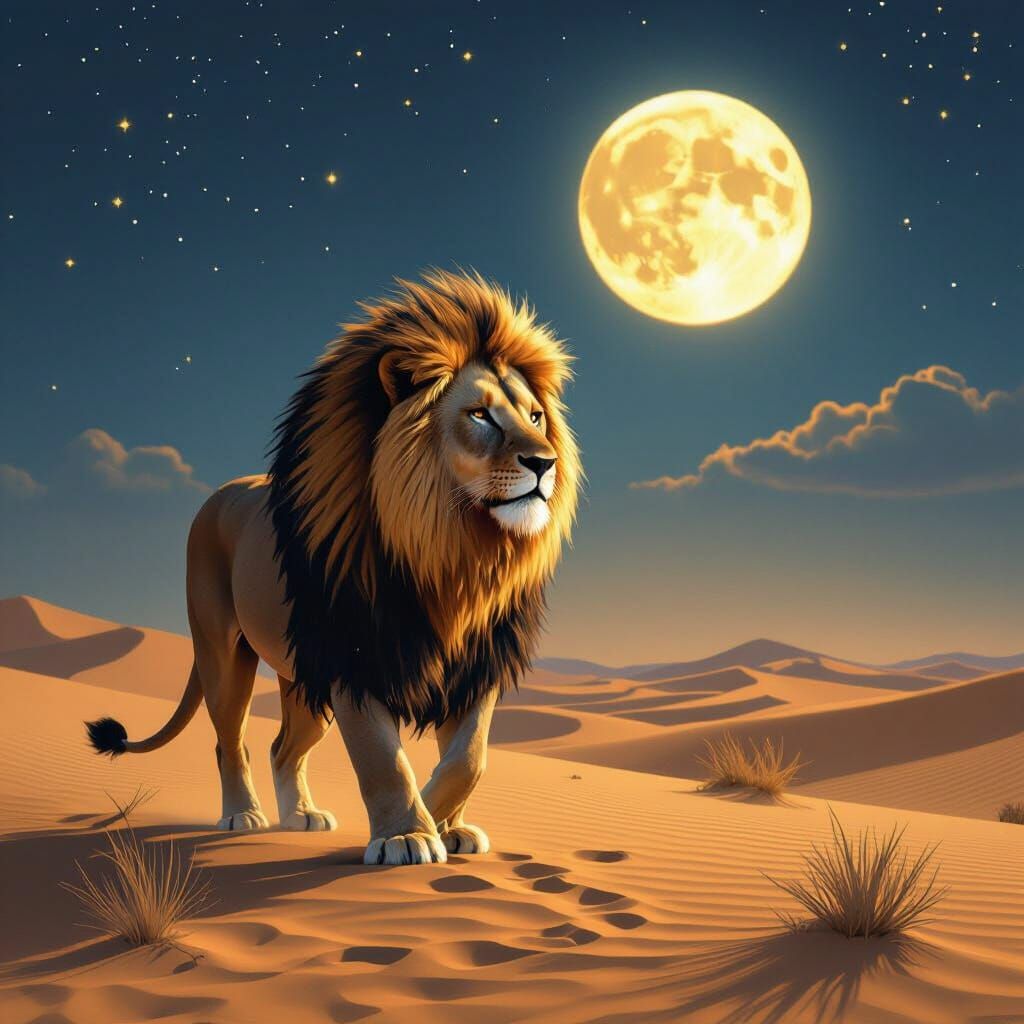 Lion in Sahari Desert Under Full Moon
