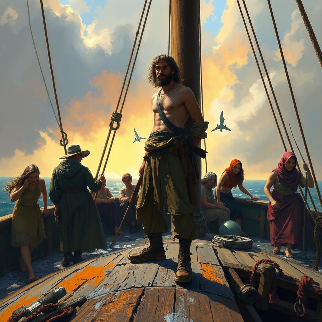 Castaway and Friends on Weathered Ship in Romanticism Style