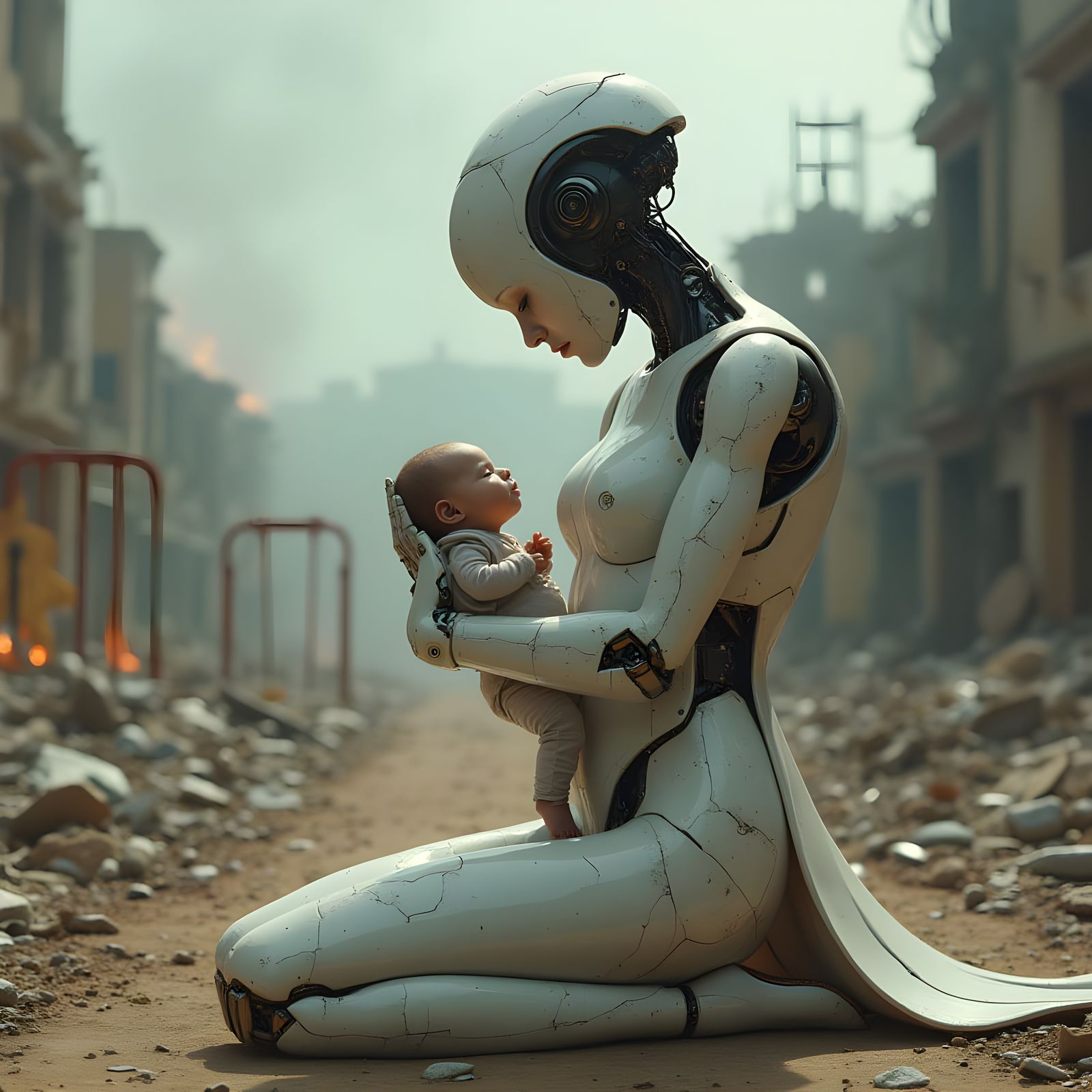 Android Nanny with Cybernetic Baby in War-Torn City