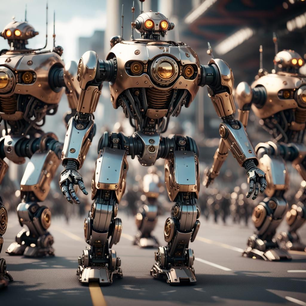 Intricate Robot Army Marches Forward in Polished Metal Armor