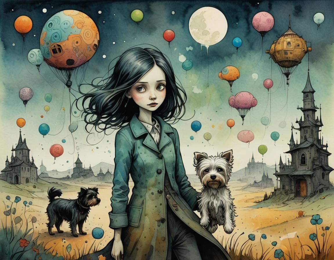 Surreal Watercolor Illustration of a Woman and Her Morkie in...