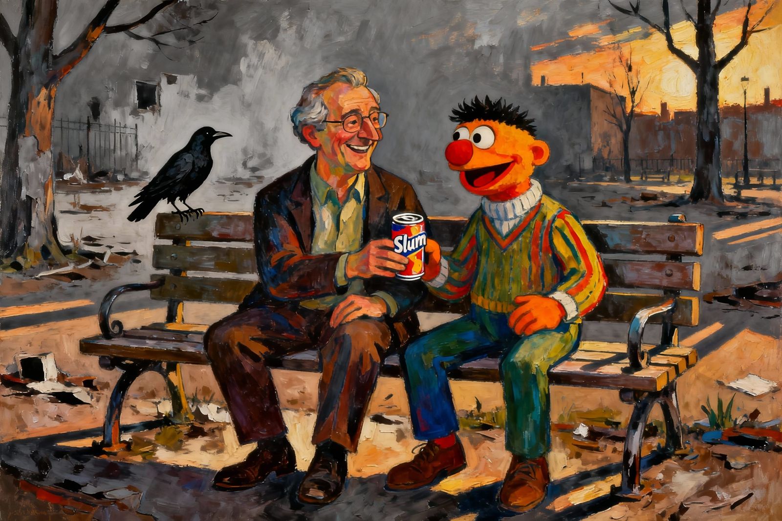 Bert and Ernie Share Slurm in German Expressionist Park