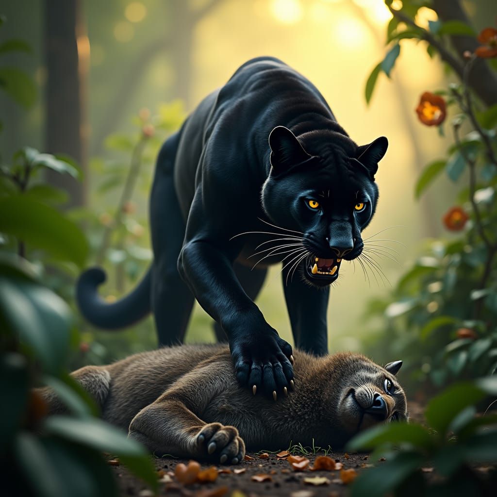Majestic Black Panther Defeats Grey Wolf in Lush Jungle