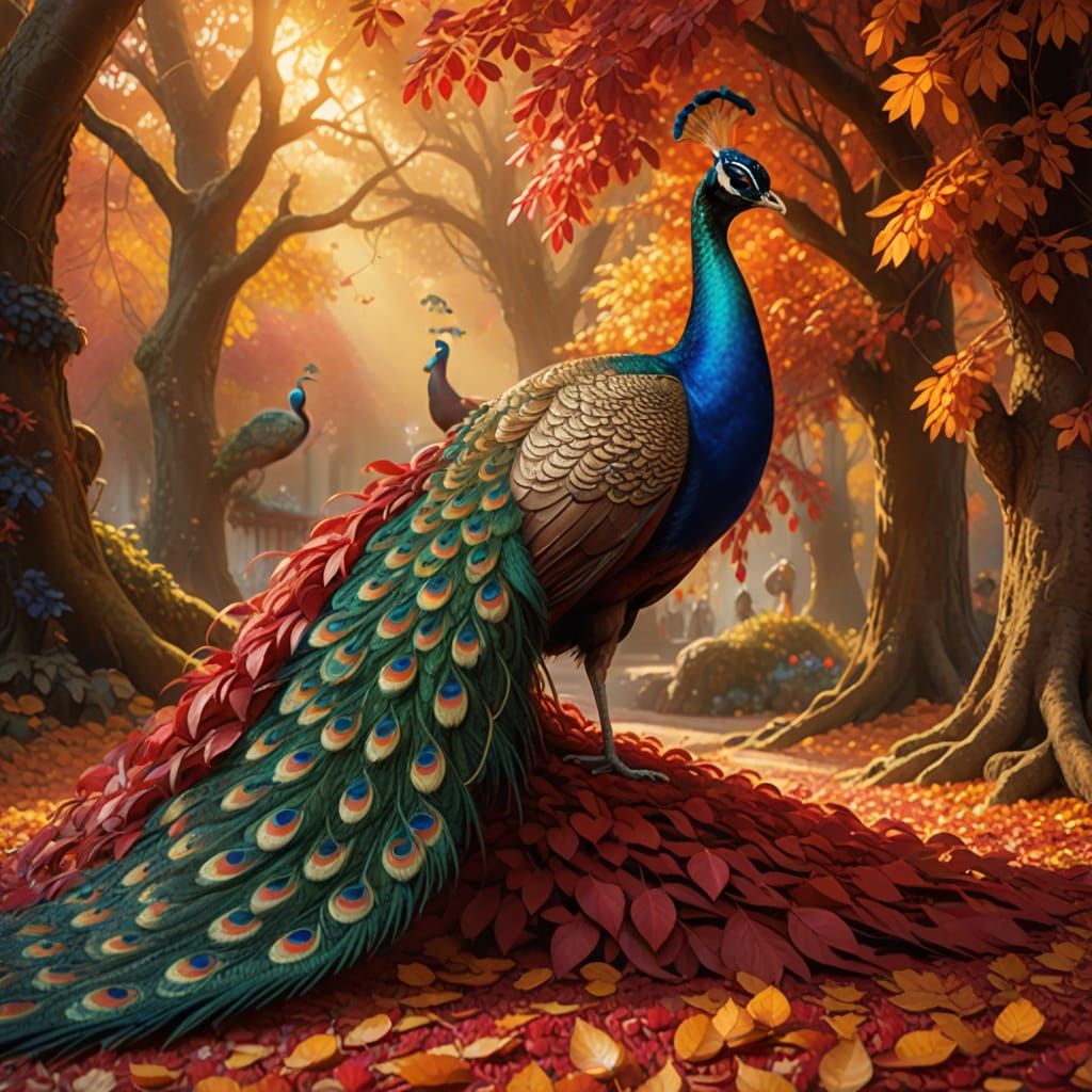 Majestic Peacock Struts Through Scarlet Autumn Leaves
