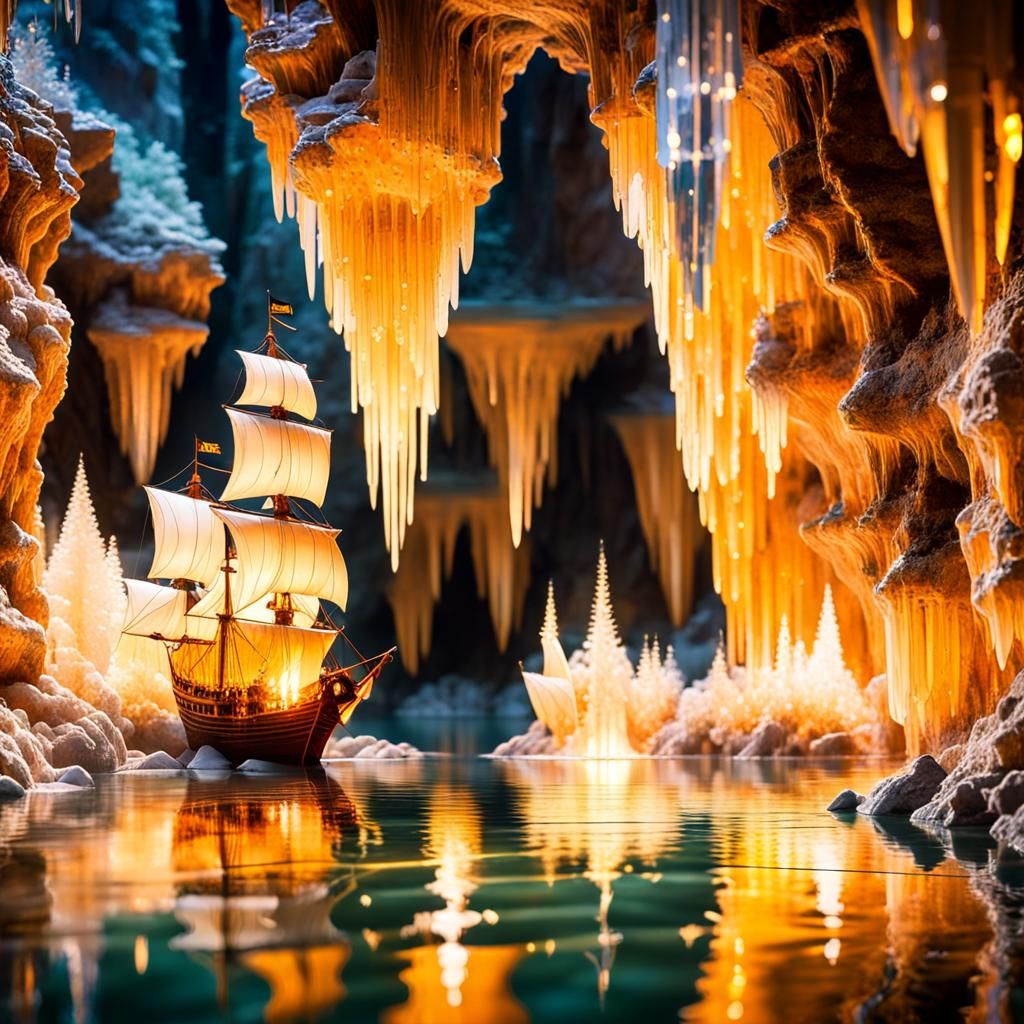 Pirate Ship Anchored Inside Crystal Cave