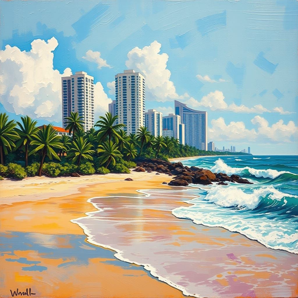 Tropical Shoreline with Crashing Waves and Skyscrapers