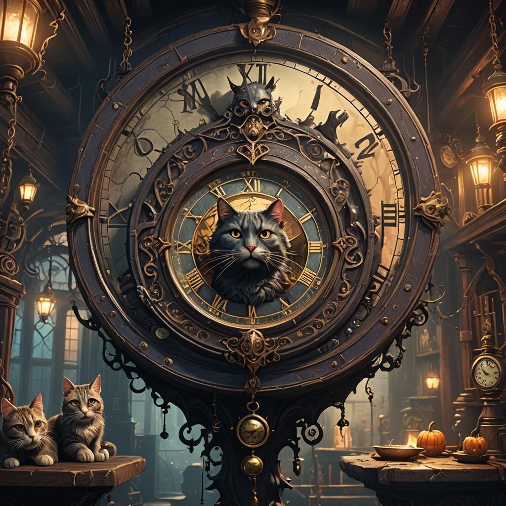 Whimsical Cat Clock in Haunted Manor