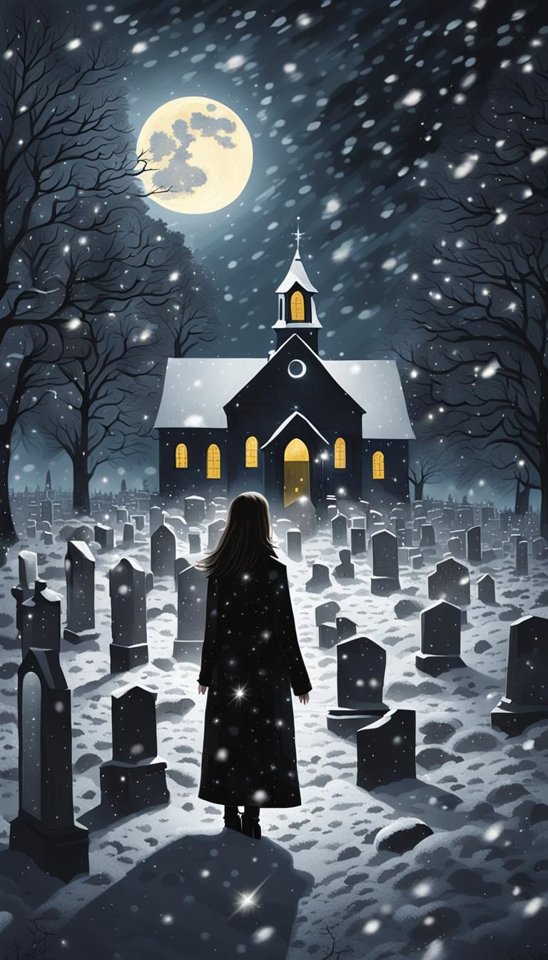 Woman in Snowy Churchyard at Night
