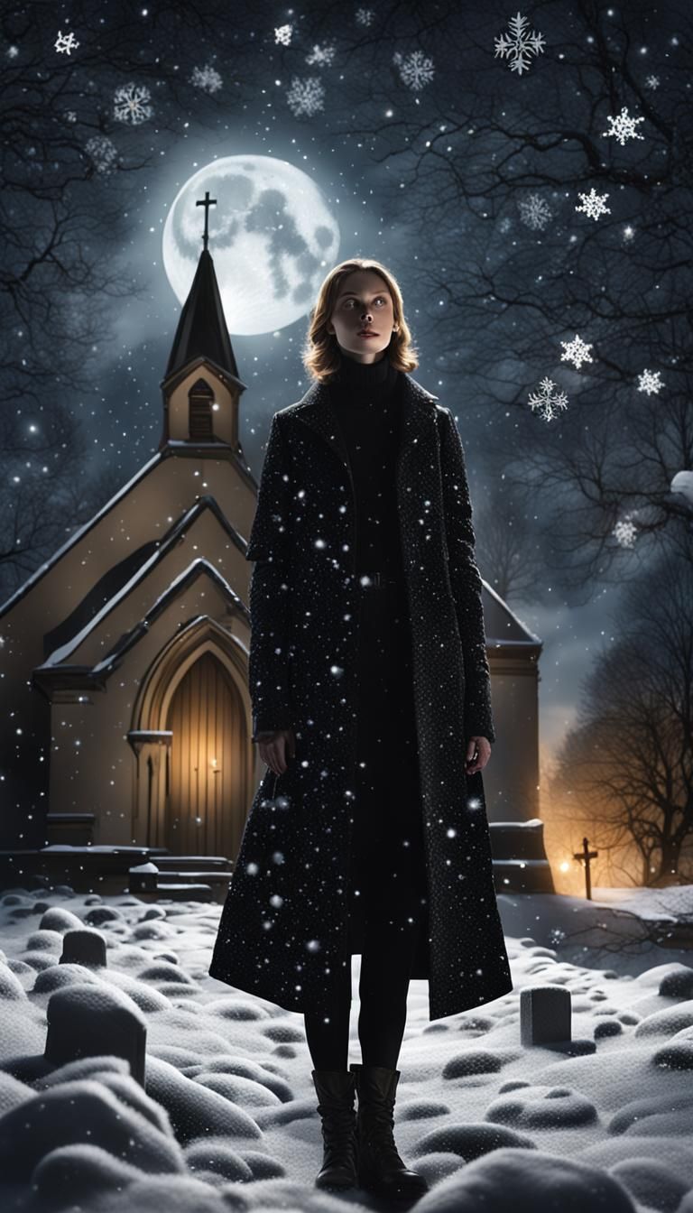 Woman in Snowy Churchyard at Night
