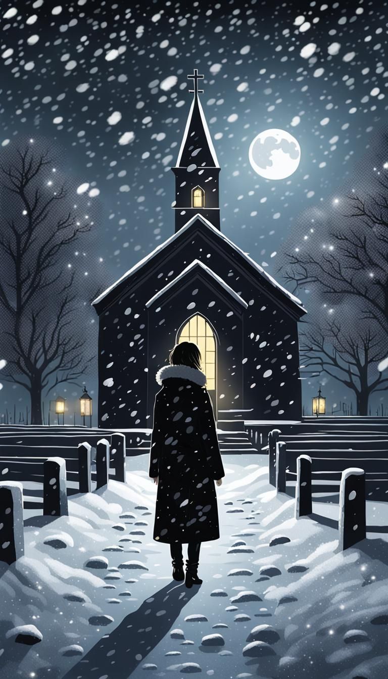 Moonlit Woman in Snowy Churchyard