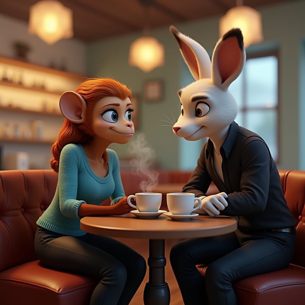 Cozy Zootopia Coffee Shop with Anthropomorphic Bunny and Mon...