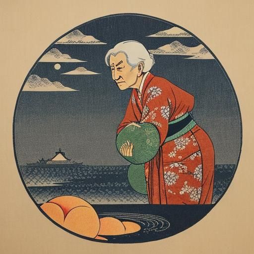 Vibrant Old Woman Discovers Enormous Peach in Ukiyo-e Style