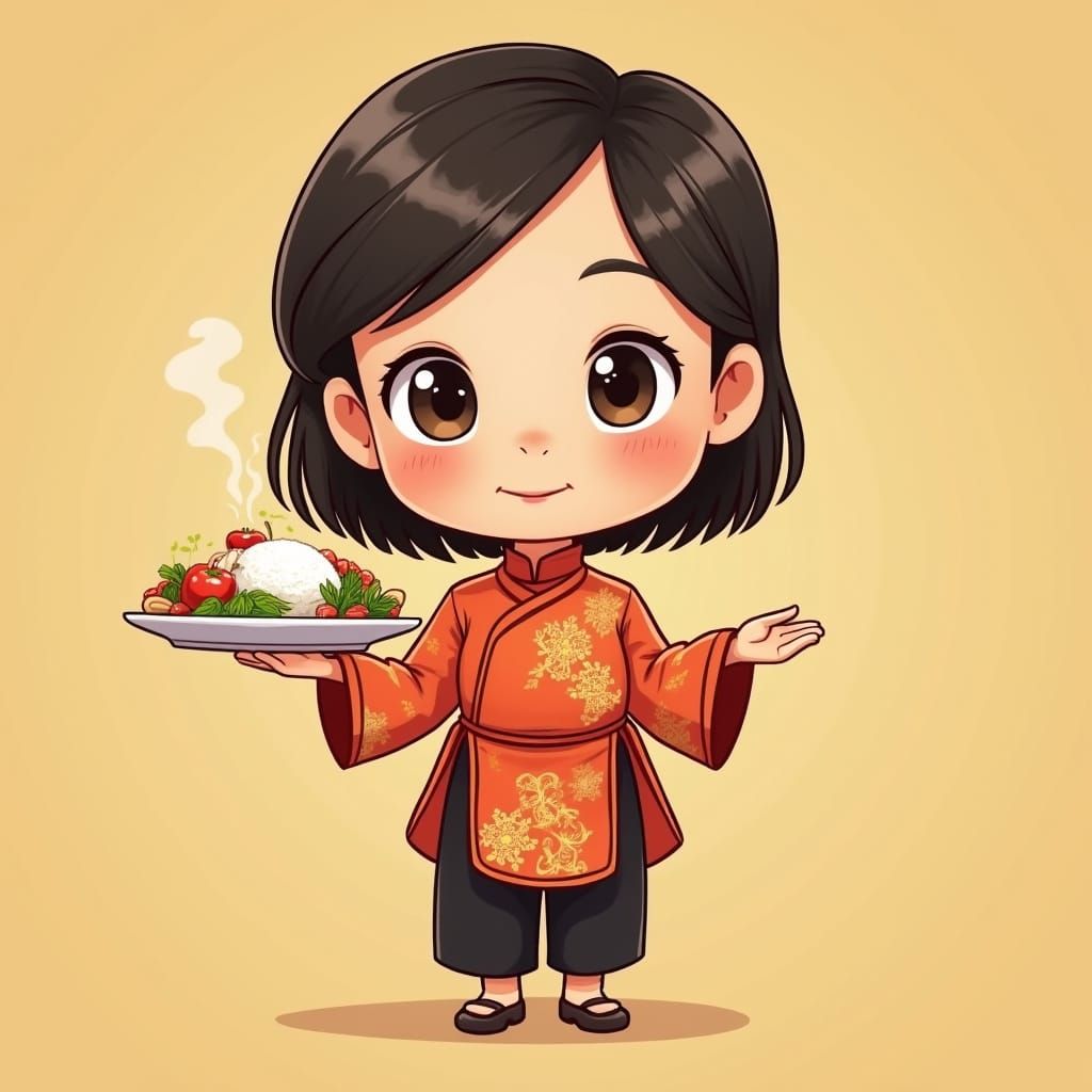 Vibrant Chibi Girl Invites Guests with Traditional Vietnames...