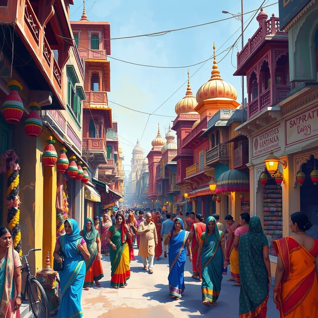 Vibrant Indian Street Life in Colorful Watercolor Style