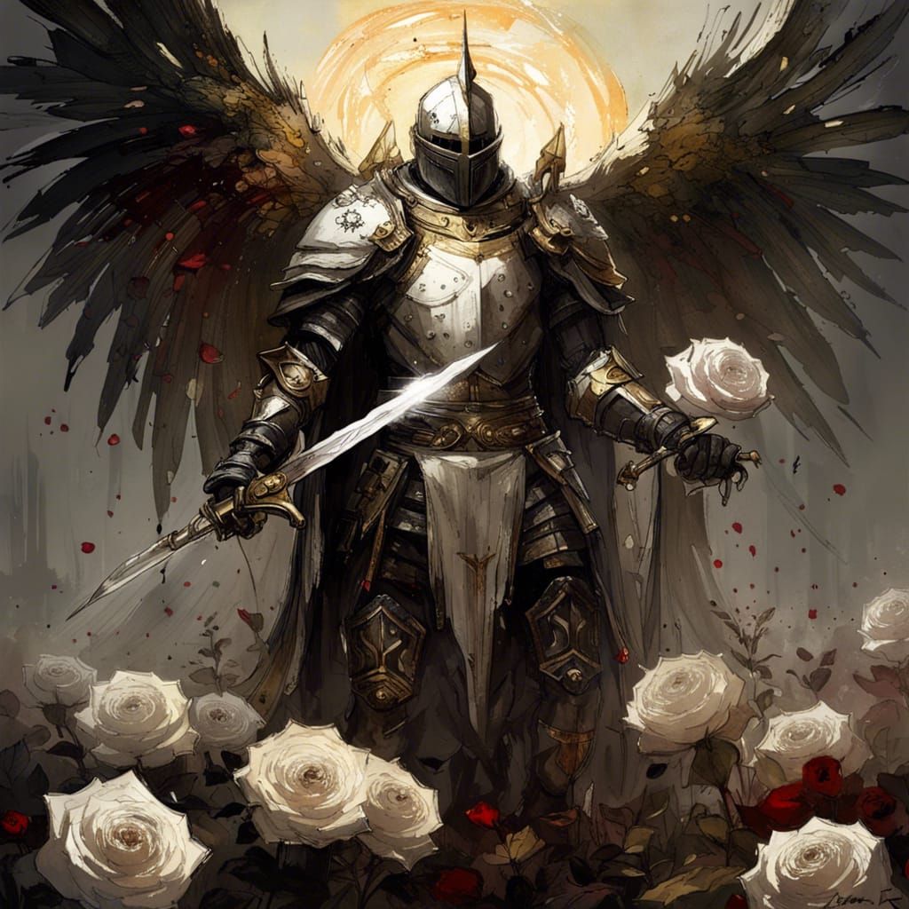 Dark Fantasy Knight Angel of Oblivion with Golden Armor and...