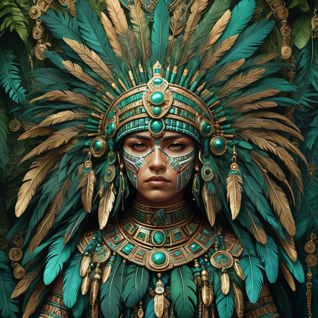 Surreal Aztec Headdress in Vibrant, Detailed Fantasy Art
