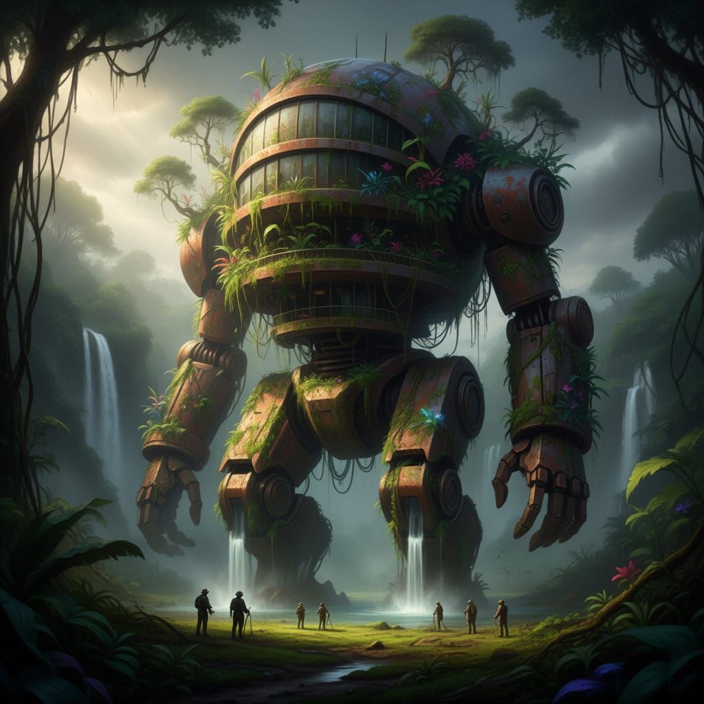 Ancient Automaton Reclaimed by Nature in Misty Jungle Cleari...