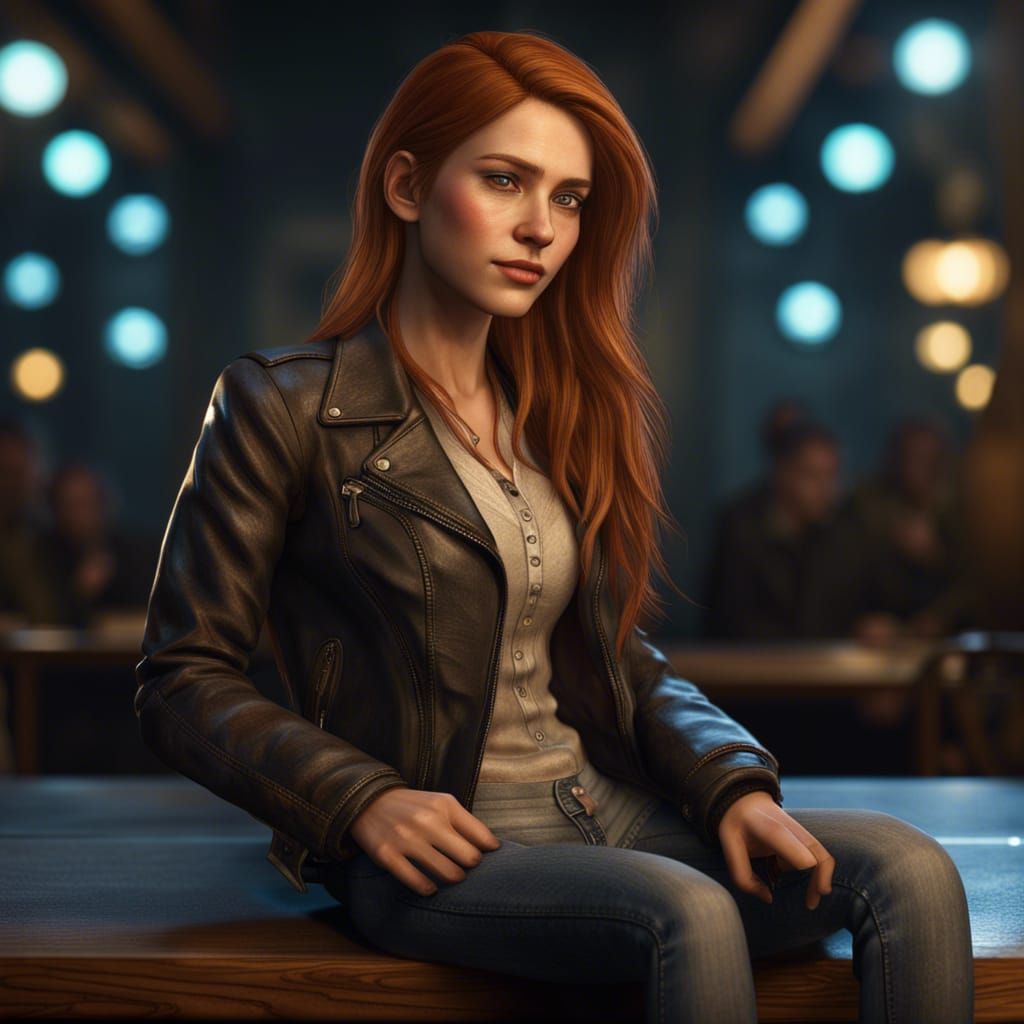 Elegant Cyberpunk Goddess in Leather Jacket and Faded Jeans