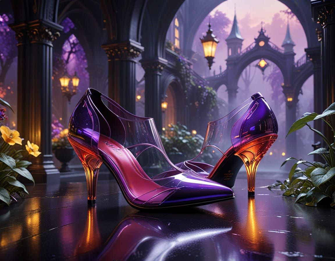 Detailed, exquisite stiletto high-heeled shoes crafted from glossy, transparent PVC, flaunting vibrant, bold red hues wi...