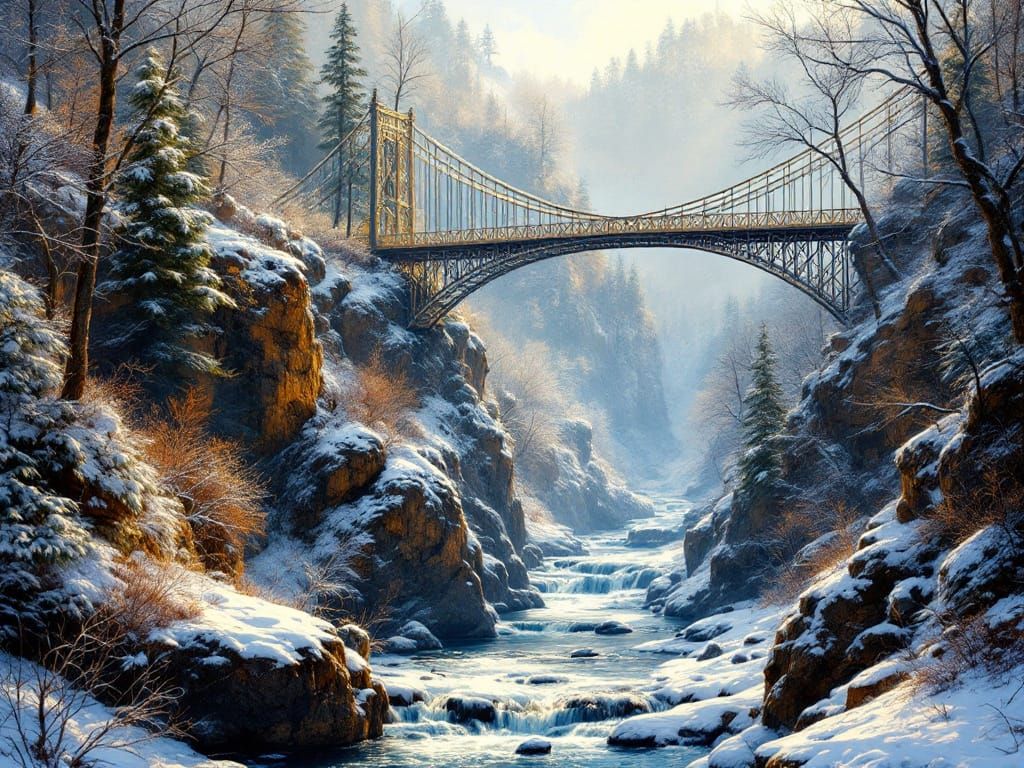 Ethereal Winter Wonderland with Majestic Suspension Bridge