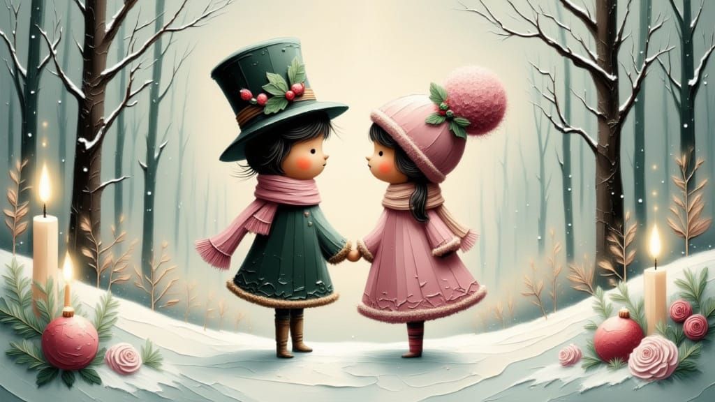 Romantic Winter Scene of Snow-People in Snowy Forest