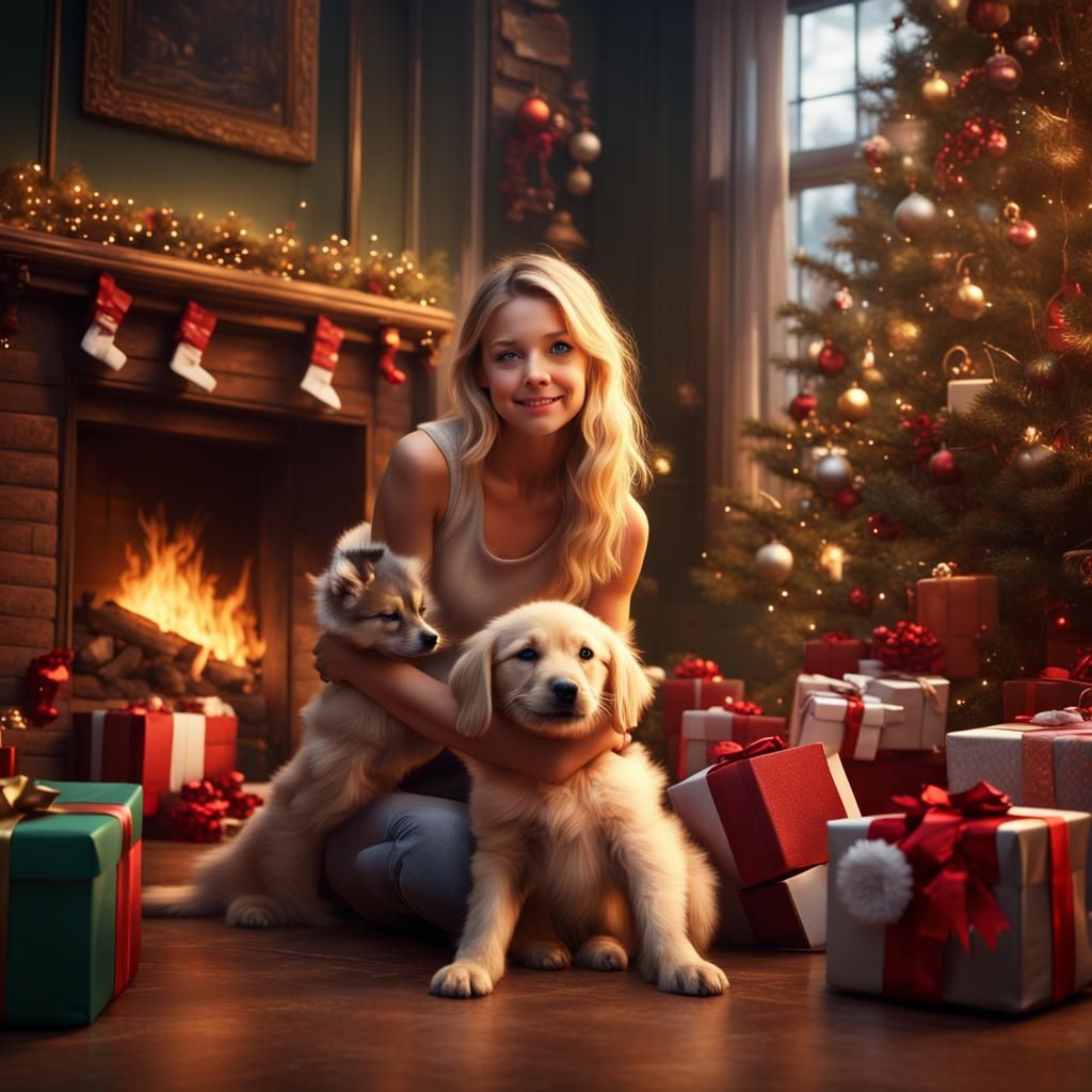 Cozy Christmas Scene with Puppies and a Cute Blonde Girl