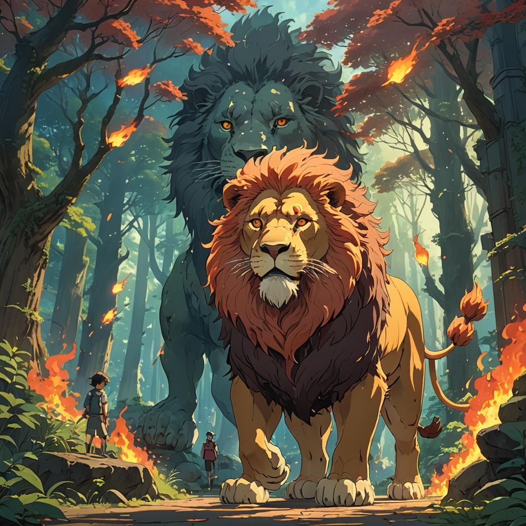 Epic Flaming Lion in Vibrant Studio Ghibli Style