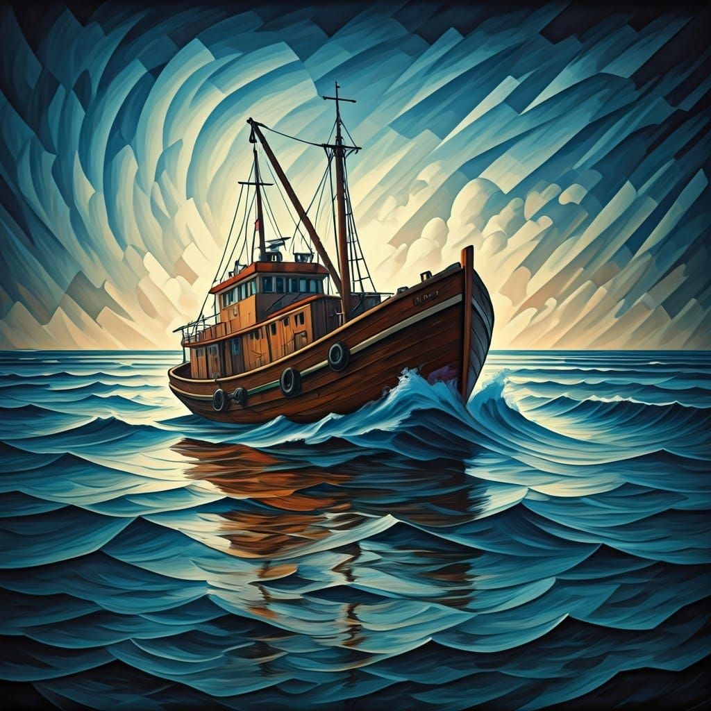 Turbulent Ocean Waves in Vibrant Cubist Style