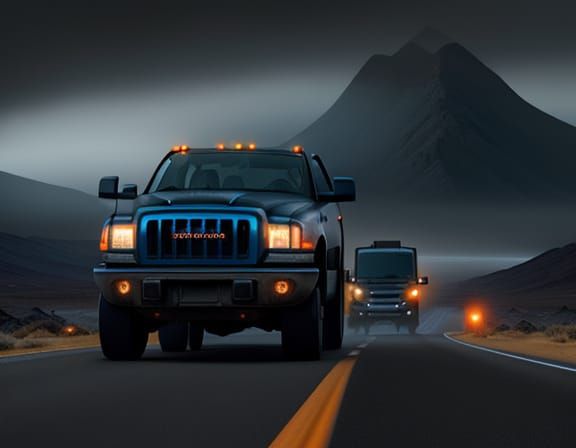 Surreal Truck on Desolate Road in Eerie Fog
