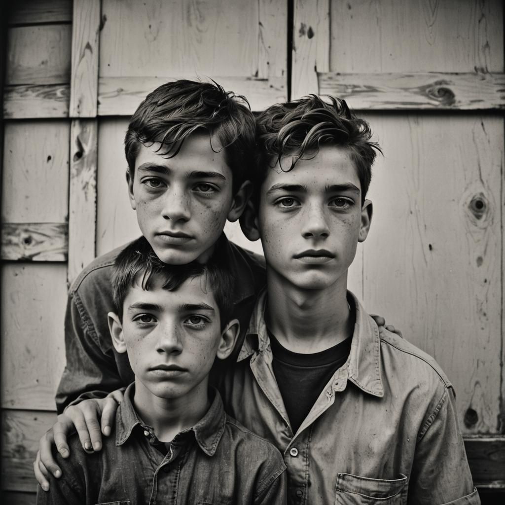 Mid 1950s Brothers Pose for Vintage Portrait in Black and Wh...