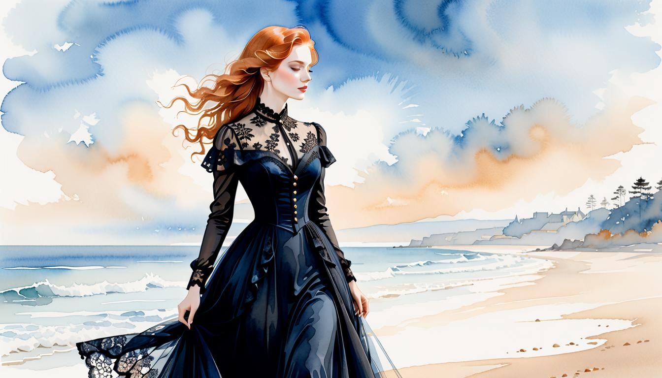 Elegant Victorian Lady Gazing at the Sea