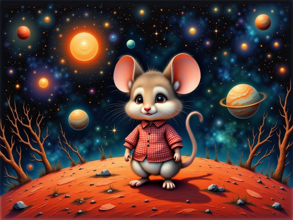 Cute Chibi Mouse on Mars in Starry Night