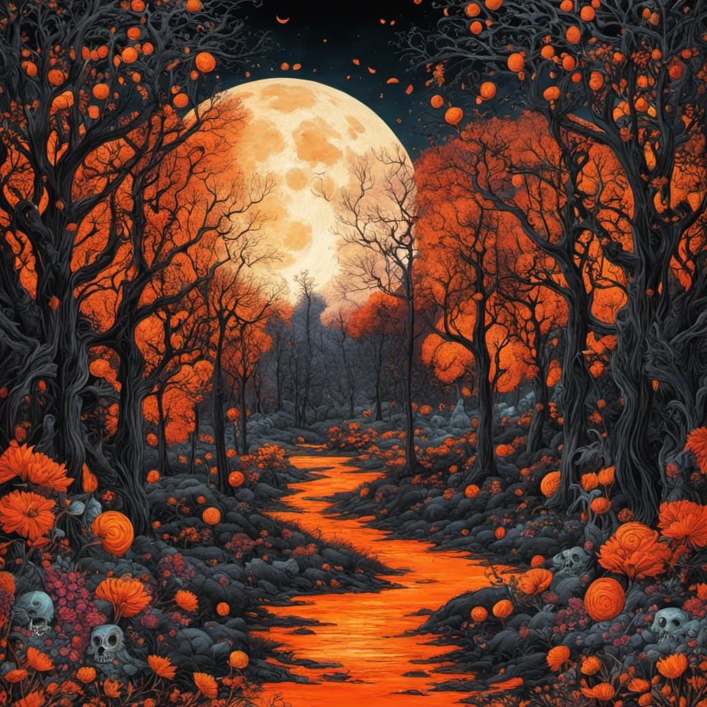 Ethereal Gothic Dreamscape in Vibrant Orange Moonlight