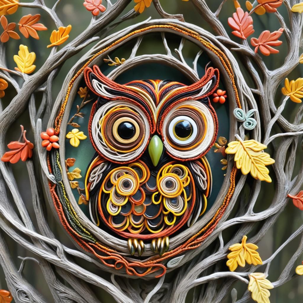 Autumn Owl in a Cozy Tree Soutache Den