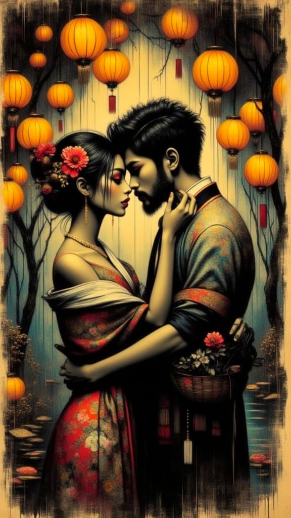 Romantic Embrace Under Lantern Light
