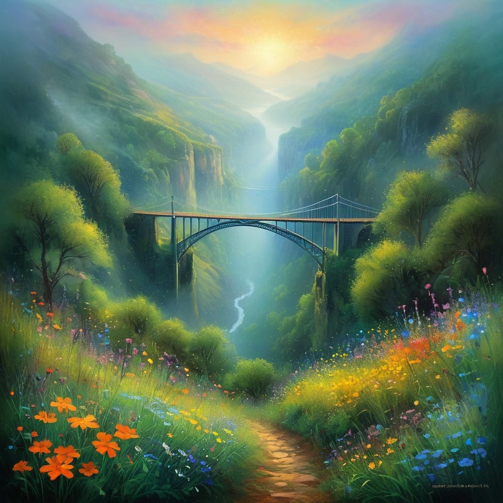 Surreal Landscape of Lush Valley and Majestic Suspension Bri...