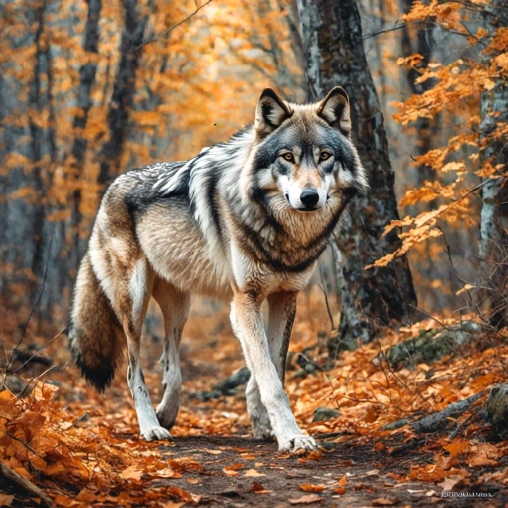 Ethereal Grey Wolf in Autumn Watercolor