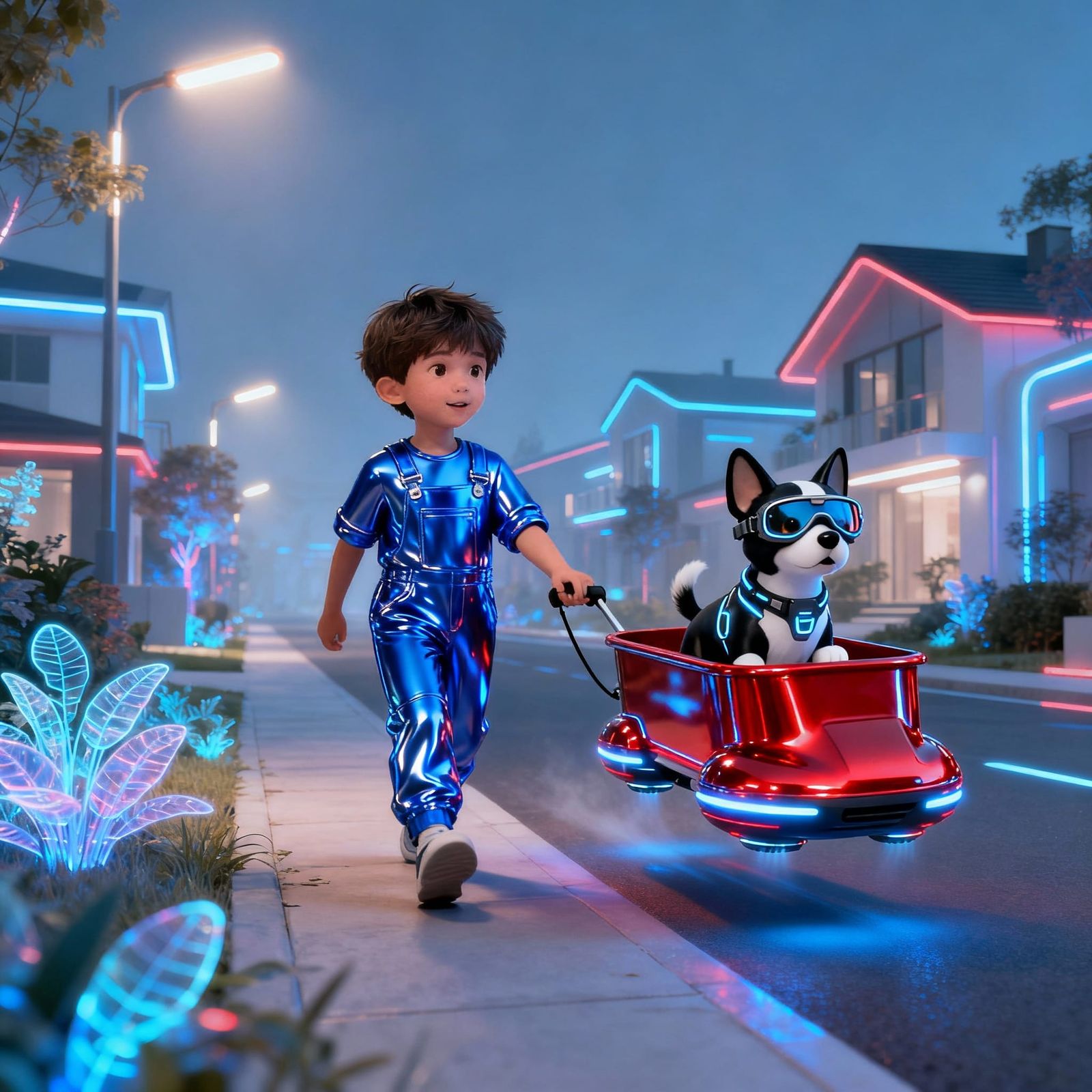 Futuristic Boy Pulls Hover Wagon with Puppy