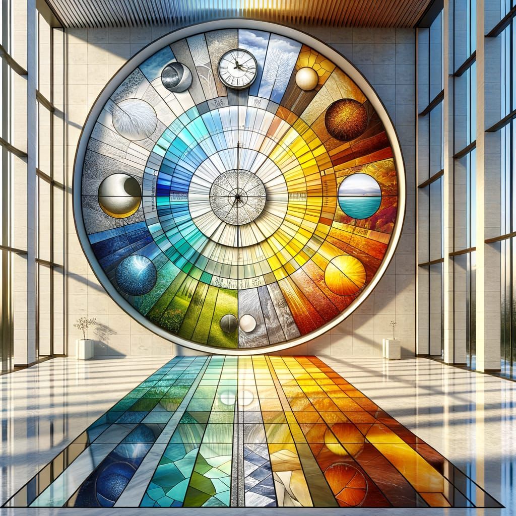 Four Seasons Stained Glass Window in Modern Building