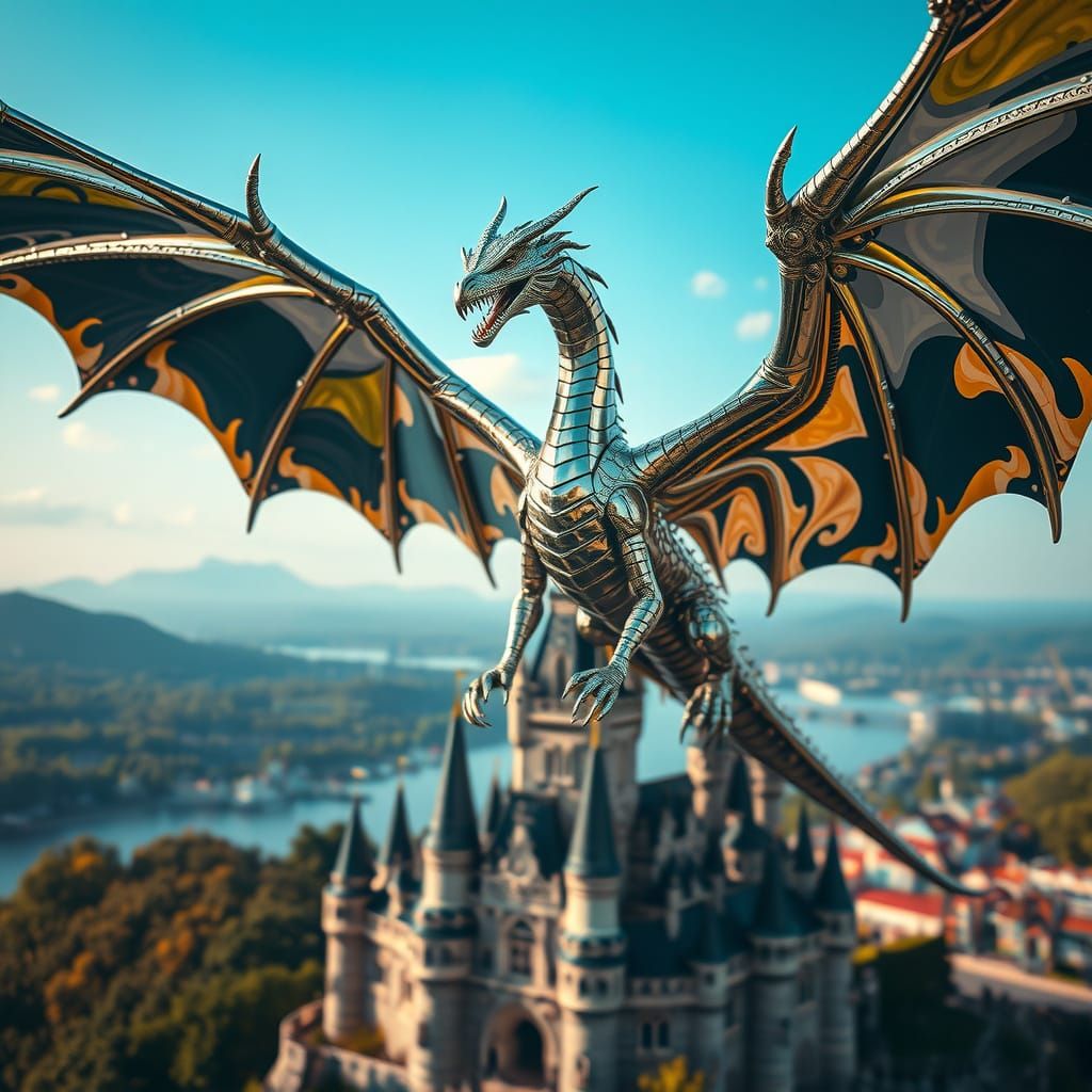 Cyberpunk Chrome Dragon Soars Above Castle in Bokeh Effect