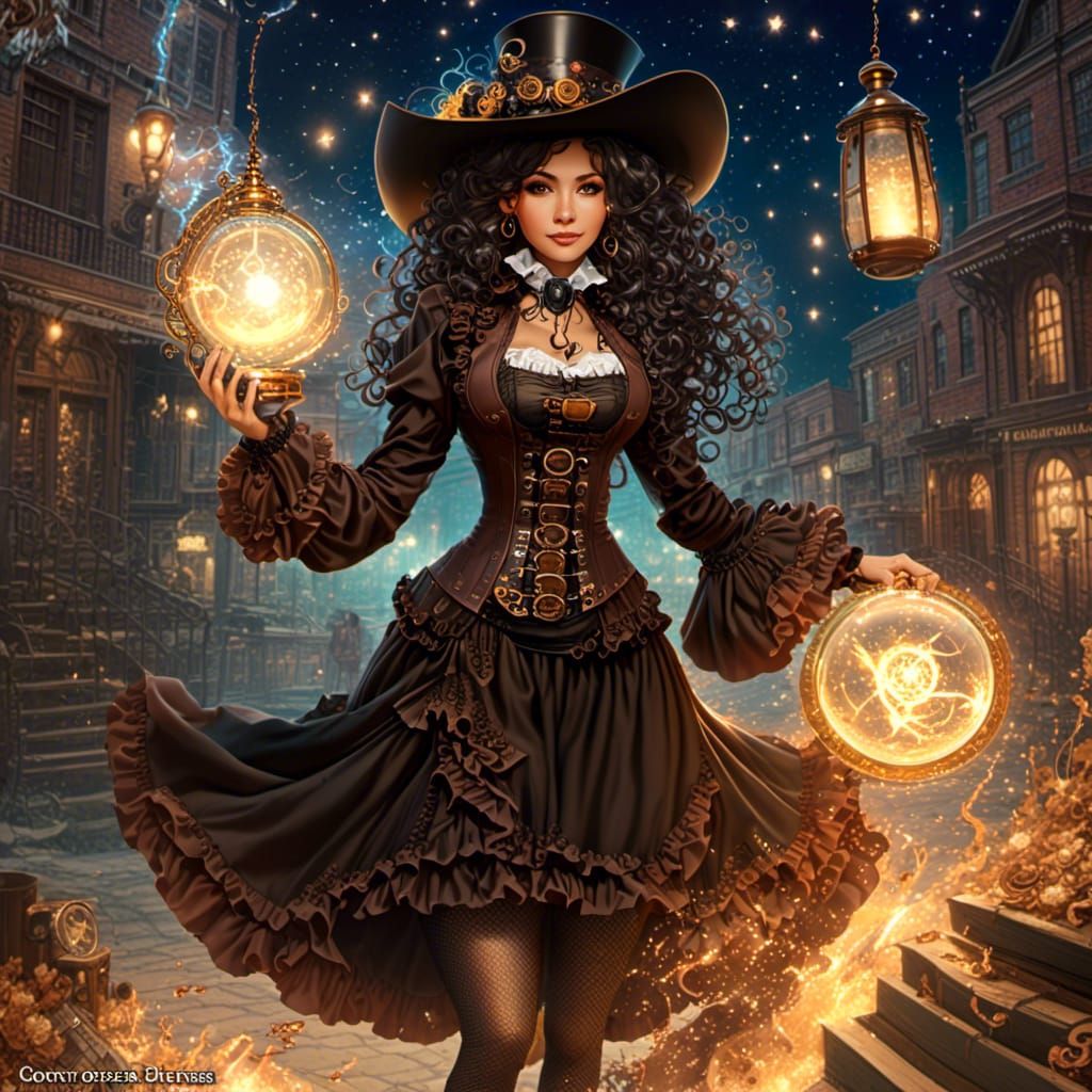 Ethereal Steampunk Witch Under Twinkling Celestial Explosion...