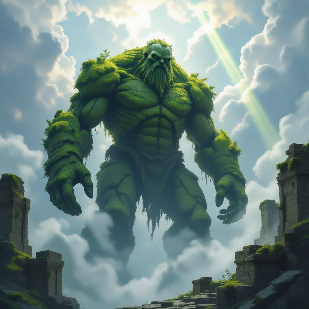 Colossal Moss Golem Guards Ancient Ruins on Floating Island