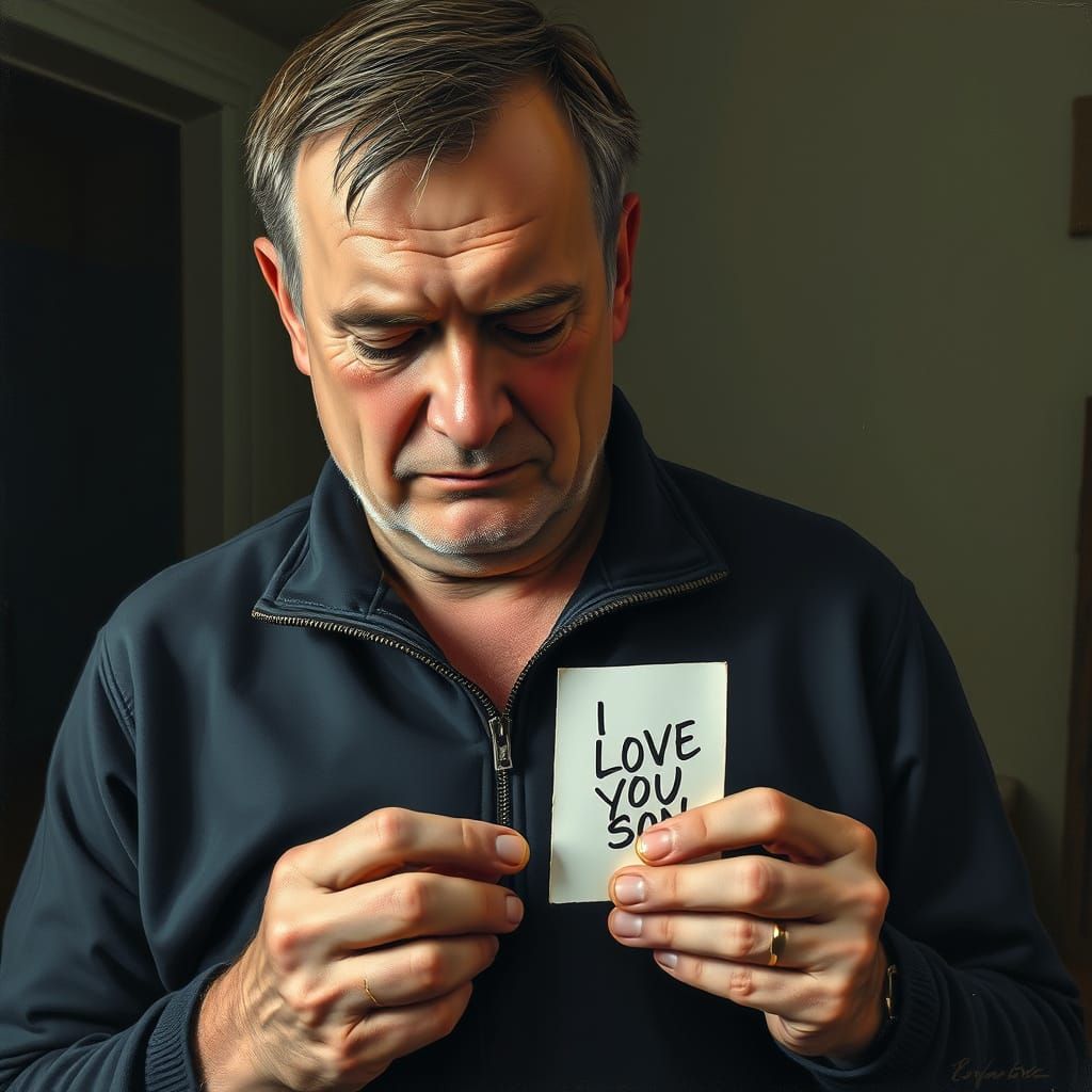 Father's Heartfelt Grief in Oil Painting