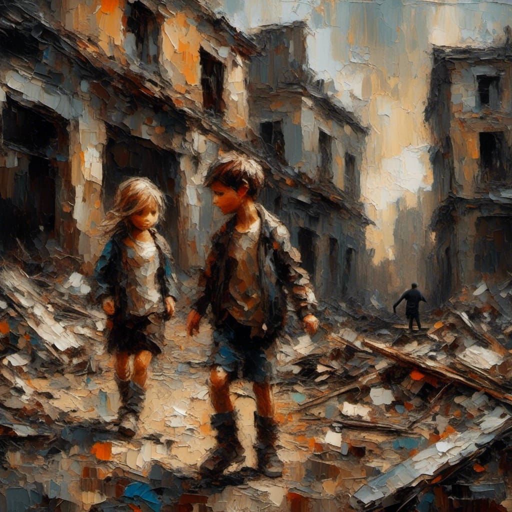 Children Amidst Wreckage: A Grim Oil Painting