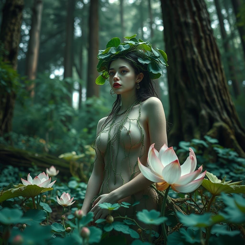 Ethereal Lotus Goddess in Mycelium Network Dreamscape