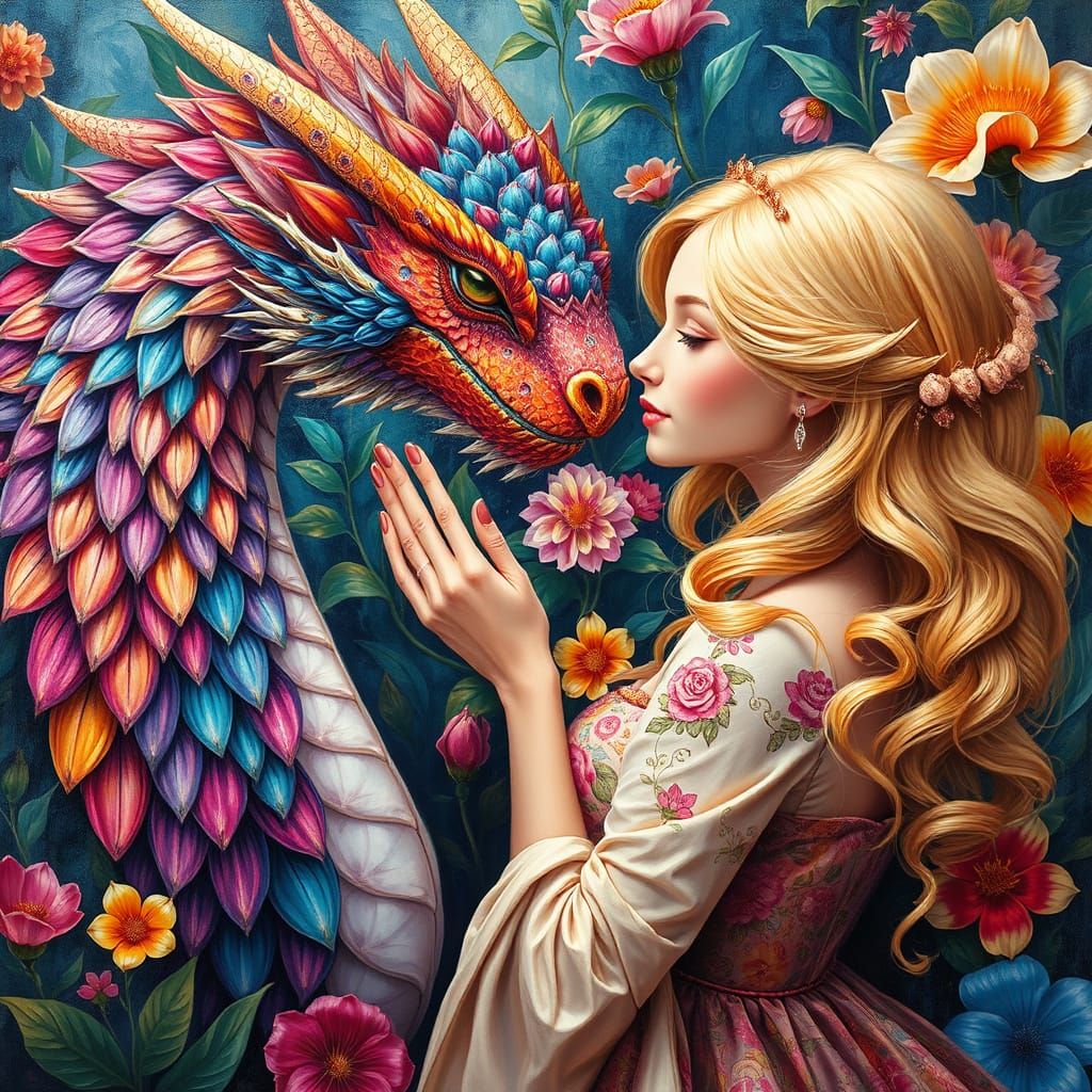 Sapphire Flower Dragon Tenderly Meets Princess in Vibrant Ne...