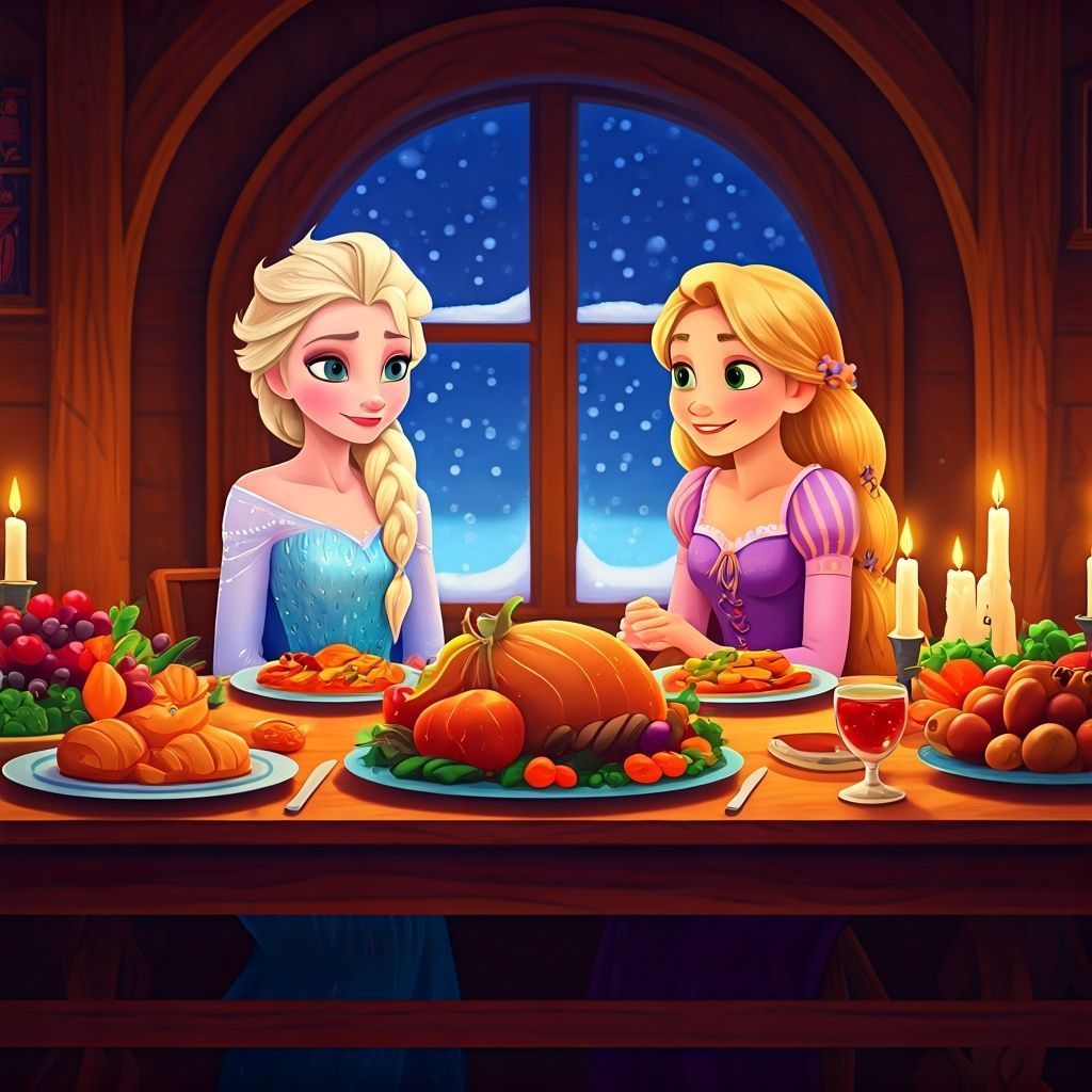 Elsa and Rapunzel Share Thanksgiving Feast in Cozy Cabin