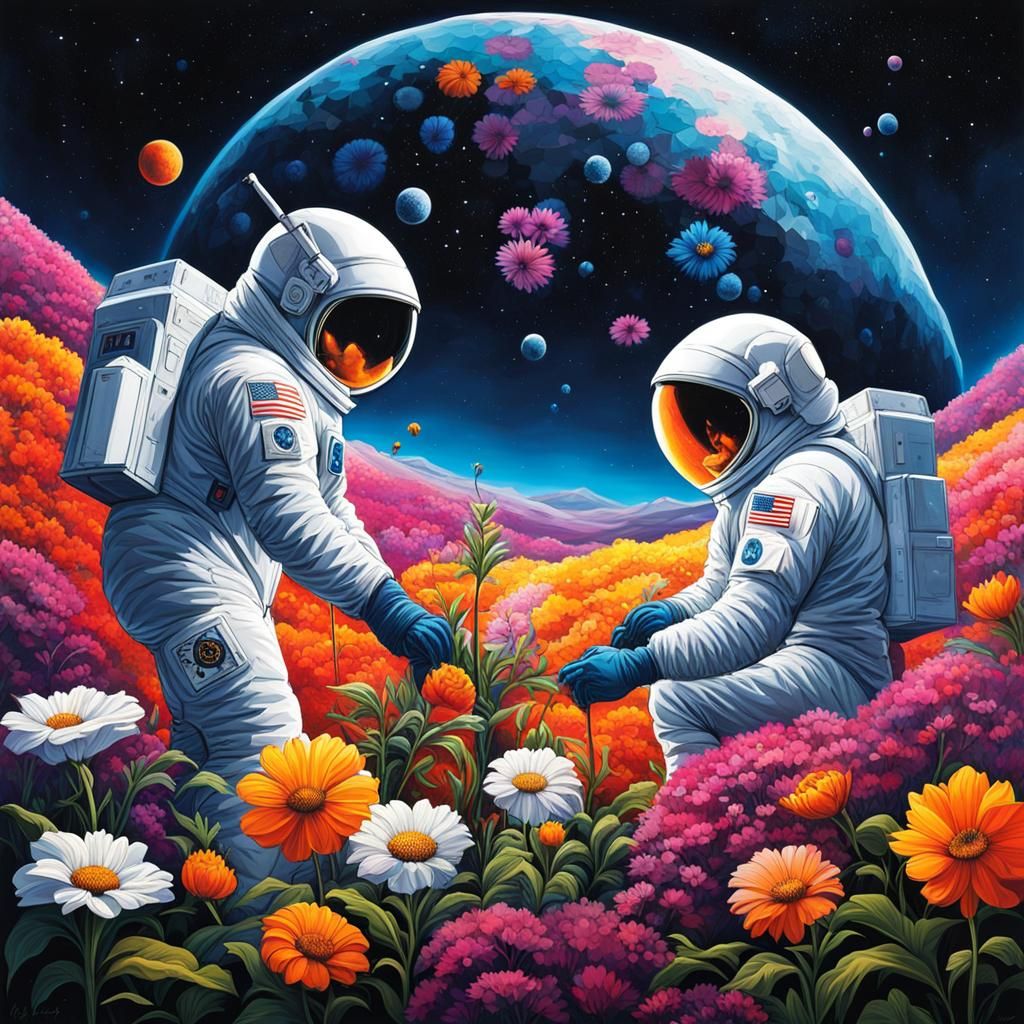 Three Men Tend to Vibrant Flowers in a Lunar Geodesic Dome
