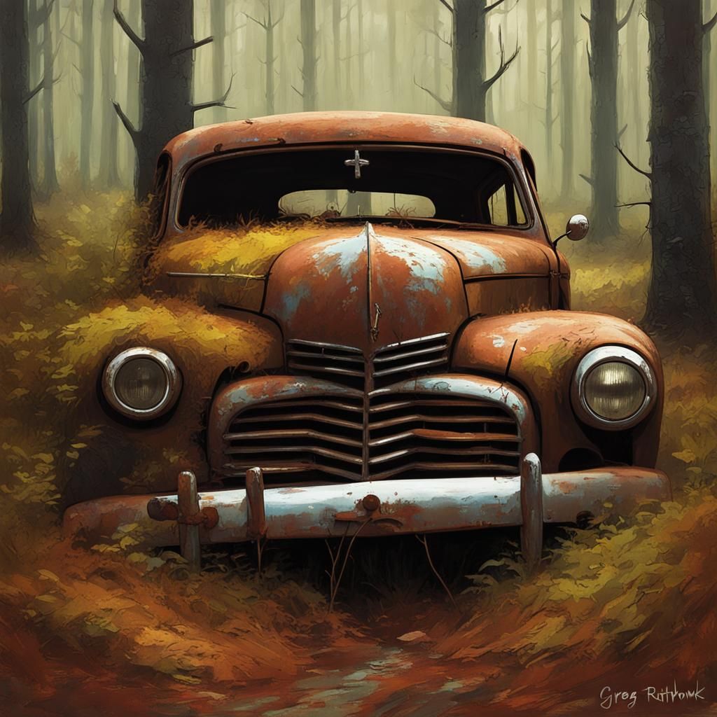 Forgotten Vehicle in a Haunting Forest Landscape